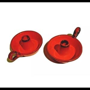 Vintage Metlox Poppy Trail Candlestick Set of 2 Red Rooster with Loop Handles